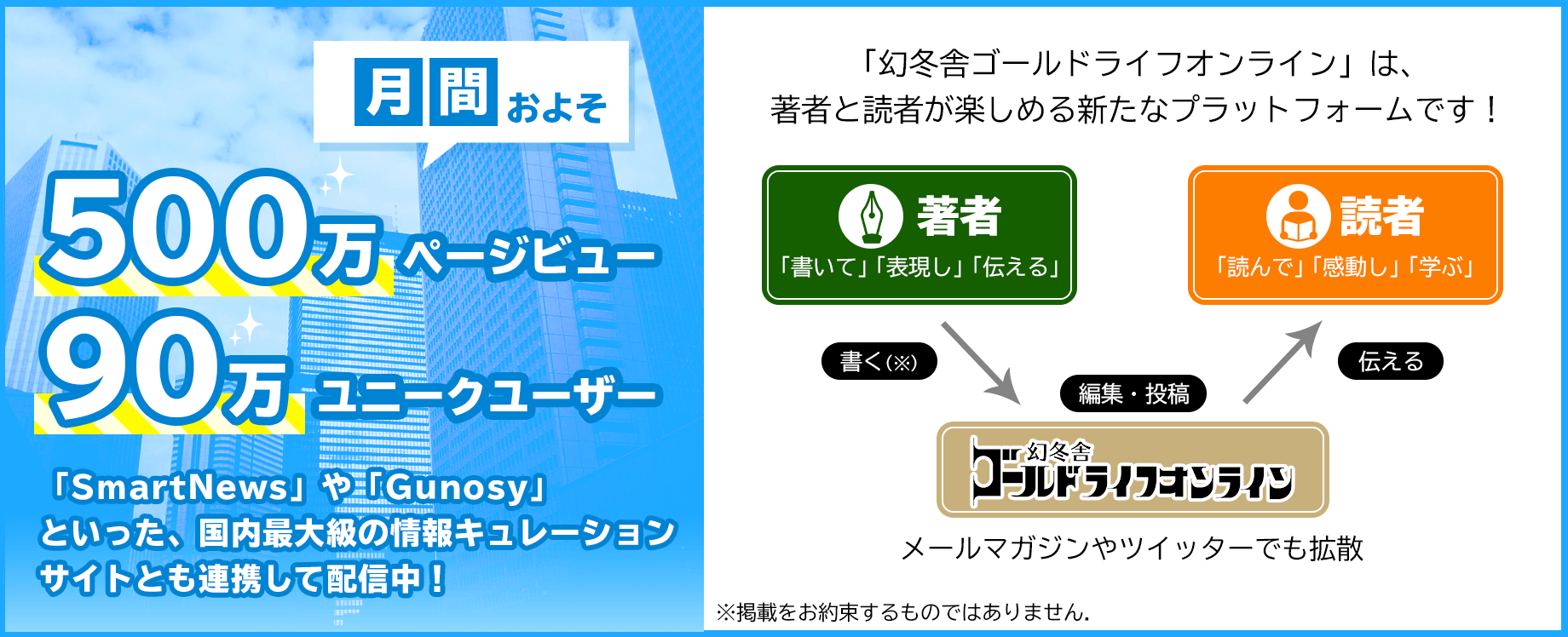 月間およそ500万ページビュー、90万ユニークユーザー。「幻冬舎ゴールドライフオンライン」は、著者と読者が楽しめる新たなプラットフォームです！